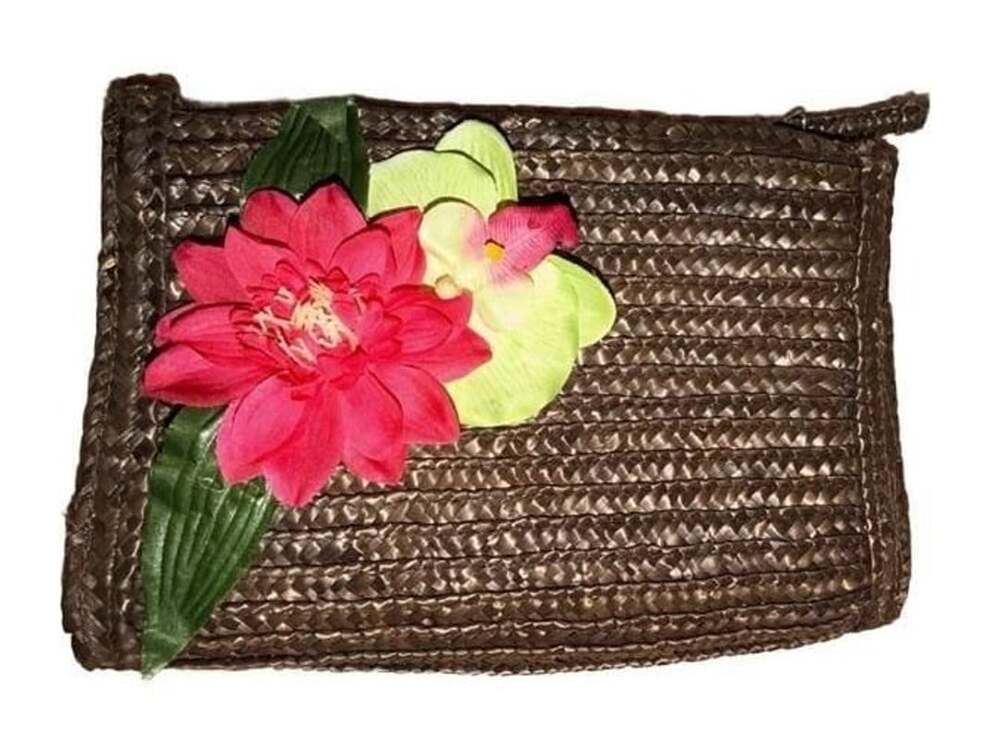 Woven Brown Straw Tropical Floral Clutch Purse